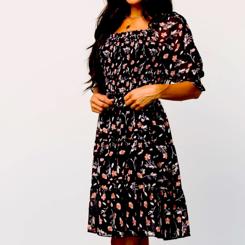 Baltic Born Black Midi Dress with Pink Floral Pattern